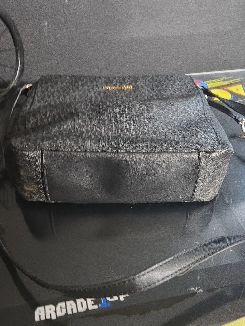 Michael Kors Black and Gold MK Monogram Crossbody Bag